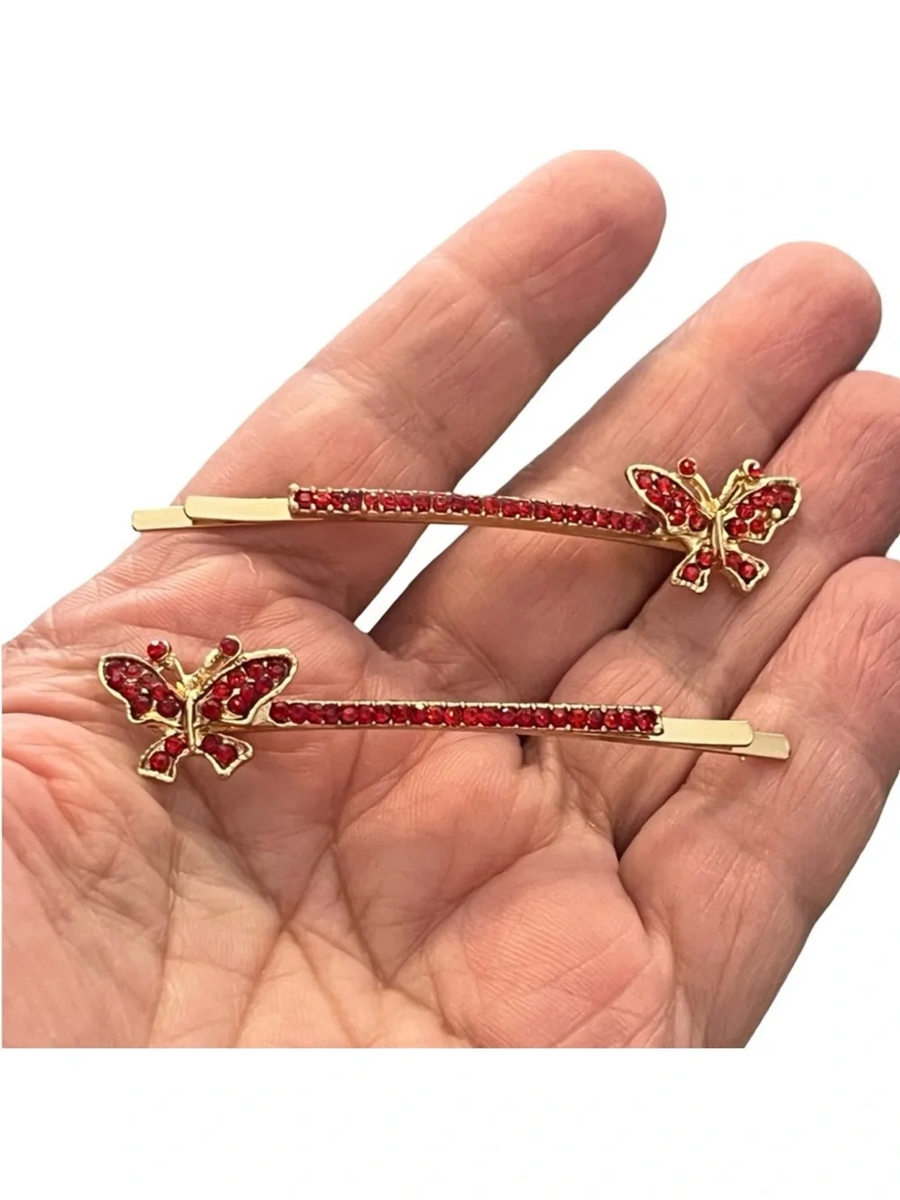 Gold Butterfly Hair Pins with Red Crystals - Set of 2 FINAL PRICE DROP